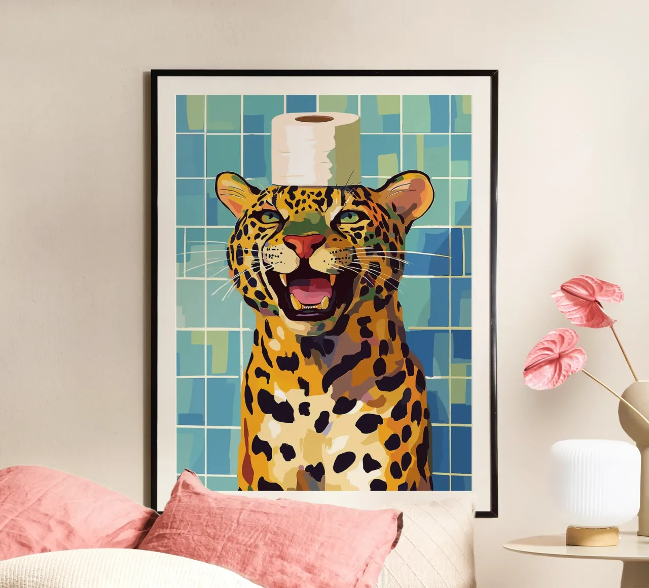 Leopard mit Toilettenpapierhut Poster von Sabine Klein