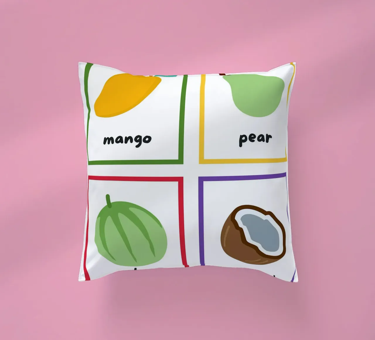 Flashcards sulla frutta_ Mango, pera, melone, noce di cocco cuscino da Sabine Klein