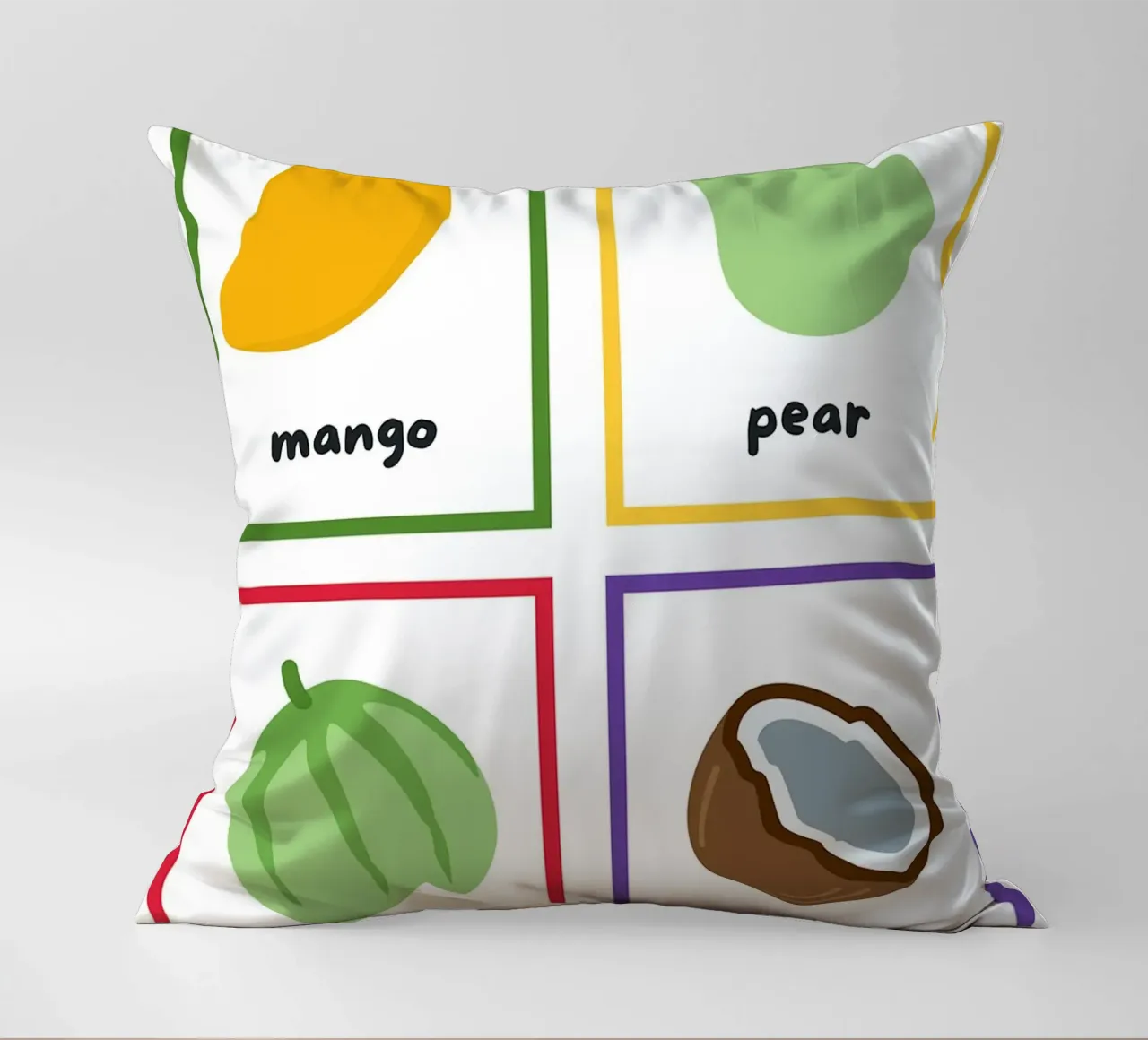 Flashcards sulla frutta_ Mango, pera, melone, noce di cocco cuscino da Sabine Klein