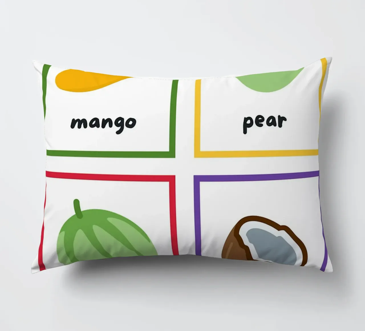 Flashcards sulla frutta_ Mango, pera, melone, noce di cocco cuscino da Sabine Klein