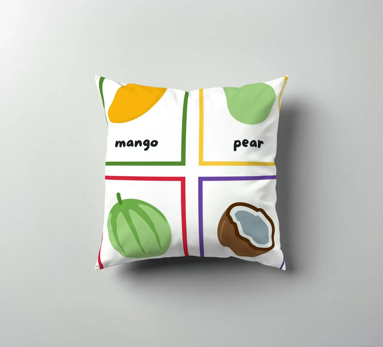 Flashcards sulla frutta_ Mango, pera, melone, noce di cocco cuscino da Sabine Klein