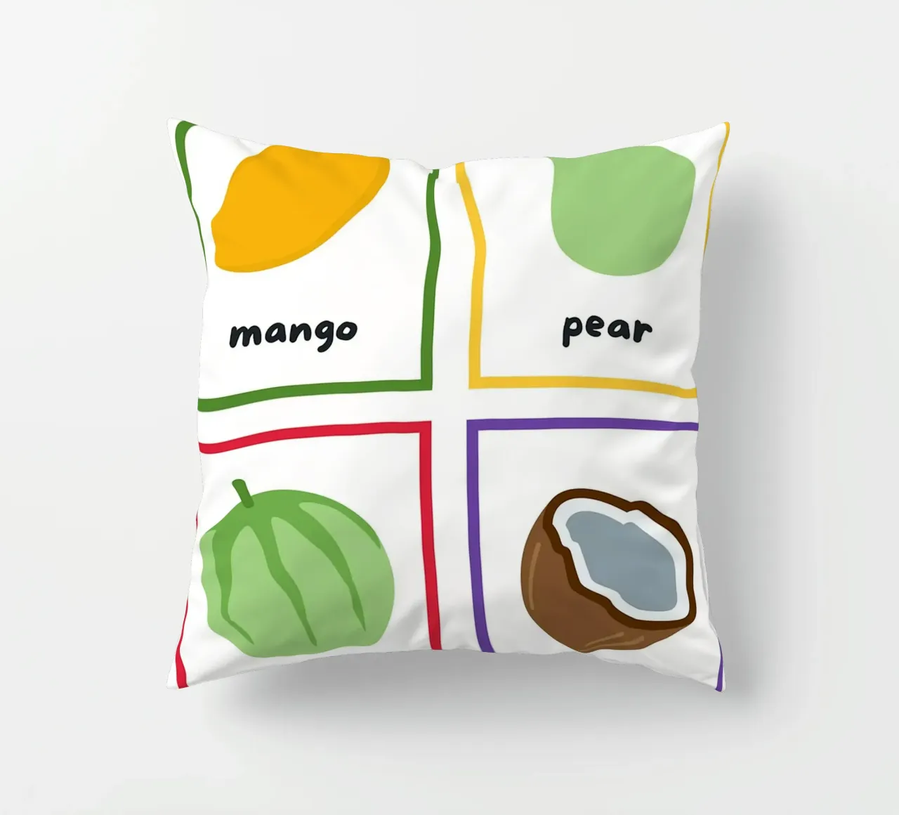 Flashcards sulla frutta_ Mango, pera, melone, noce di cocco cuscino da Sabine Klein