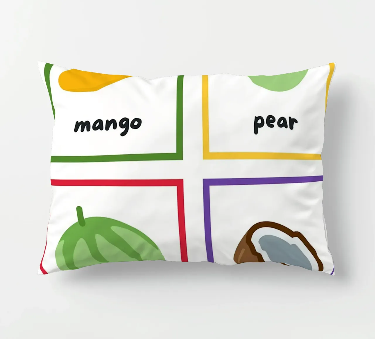 Flashcards sulla frutta_ Mango, pera, melone, noce di cocco cuscino da Sabine Klein