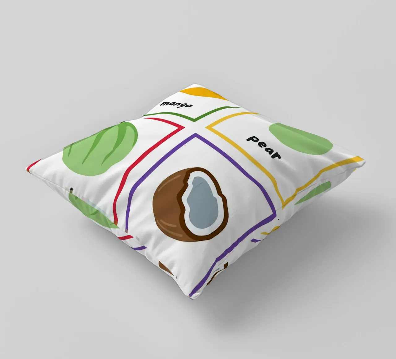 Flashcards sulla frutta_ Mango, pera, melone, noce di cocco cuscino da Sabine Klein