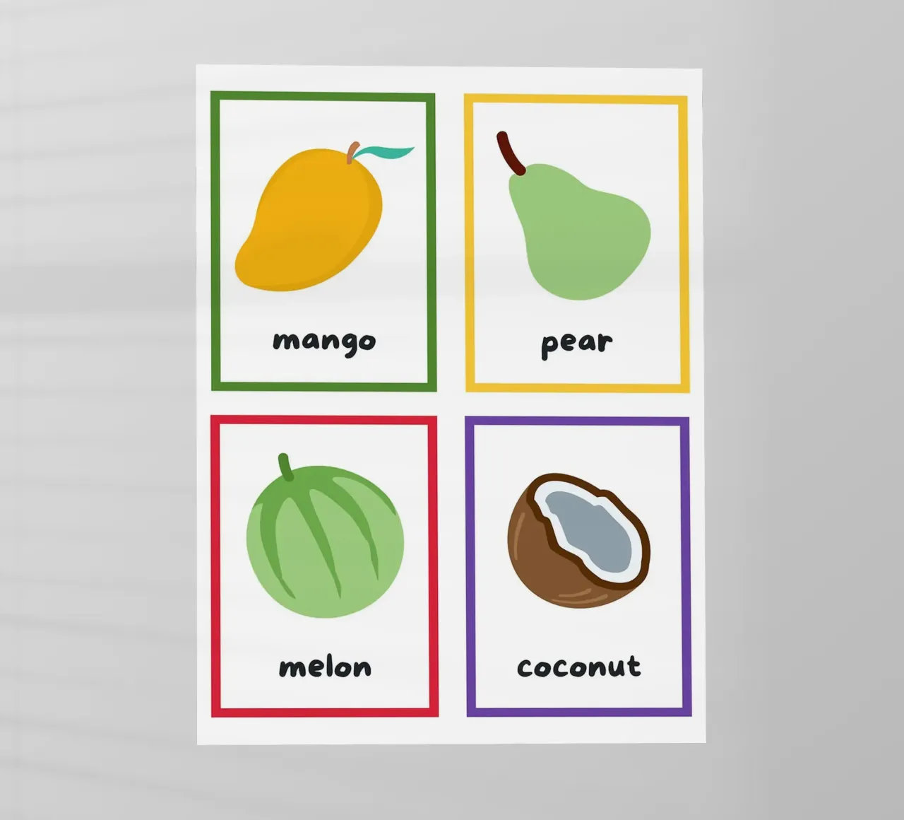 Flashcards sulla frutta_ Mango, pera, melone, noce di cocco pellicola backlit da Sabine Klein