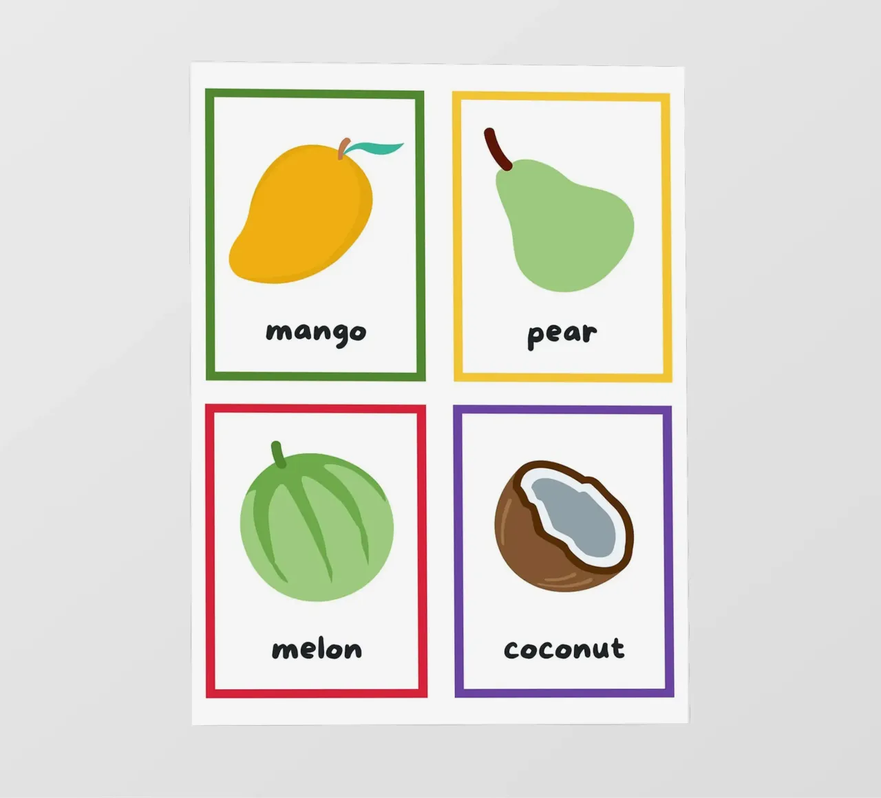 Flashcards sulla frutta_ Mango, pera, melone, noce di cocco pellicola backlit da Sabine Klein