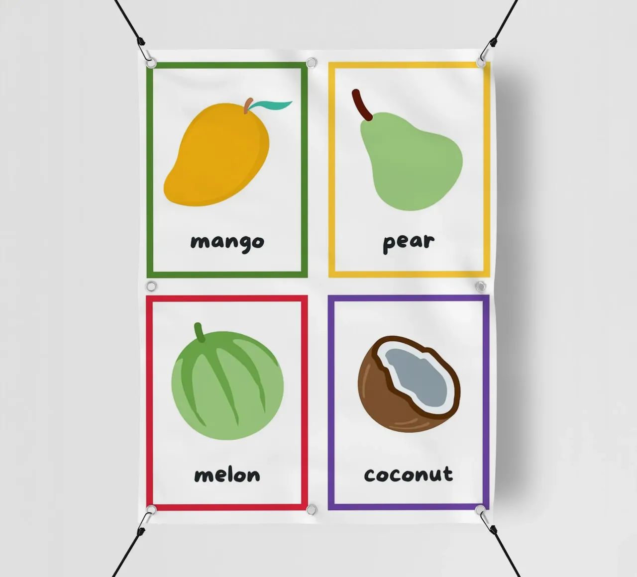 Flashcards sulla frutta_ Mango, pera, melone, noce di cocco telo in pvc da Sabine Klein