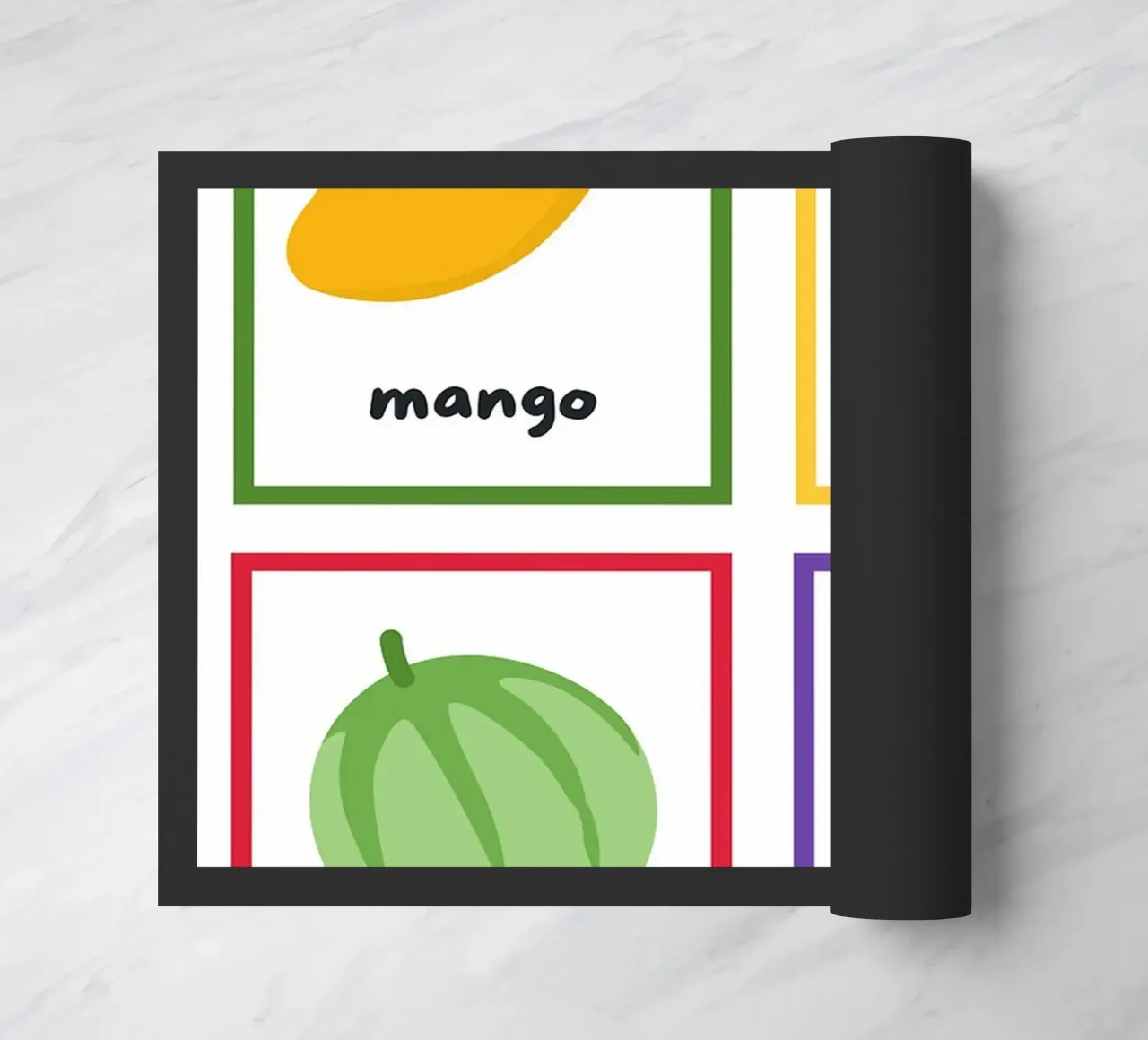 Flashcards sulla frutta_ Mango, pera, melone, noce di cocco zerbino da Sabine Klein