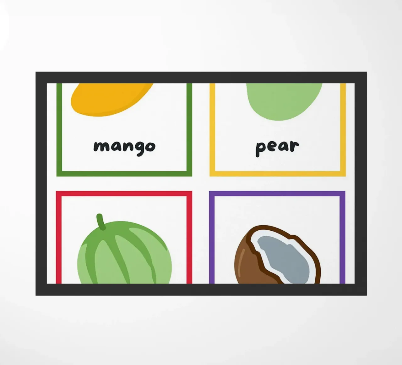 Flashcards sulla frutta_ Mango, pera, melone, noce di cocco zerbino da Sabine Klein
