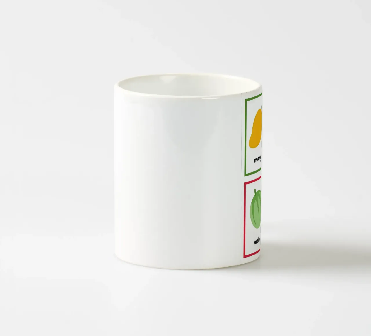 Flashcards sulla frutta_ Mango, pera, melone, noce di cocco tazza in ceramica da Sabine Klein