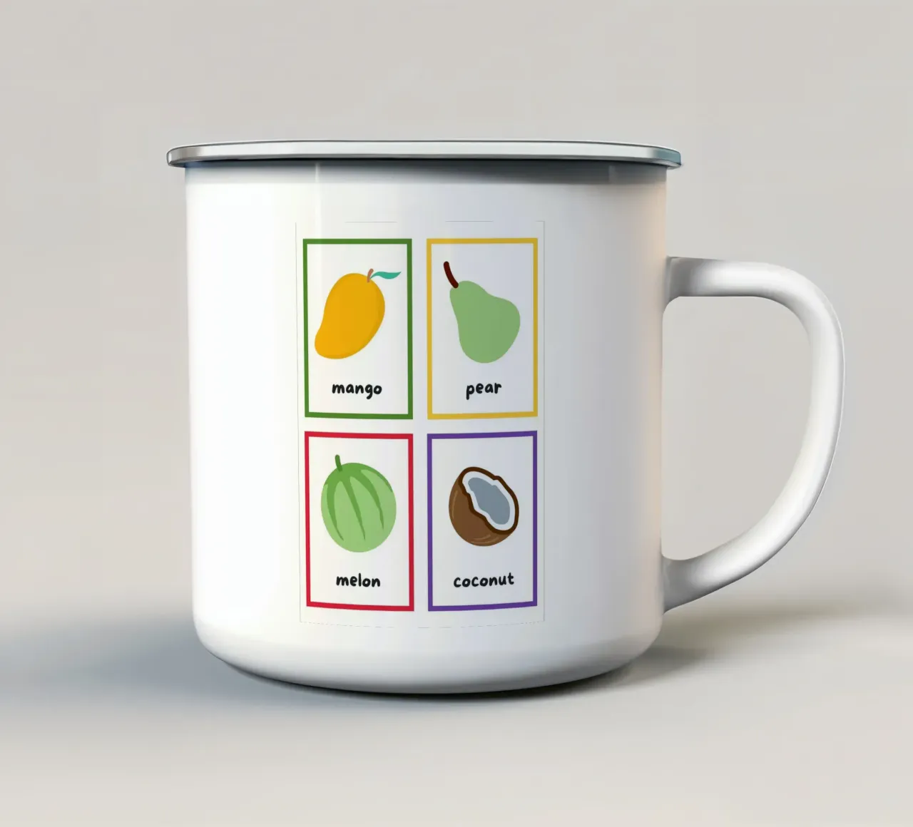 Flashcards sulla frutta_ Mango, pera, melone, noce di cocco tazza in smalto da Sabine Klein