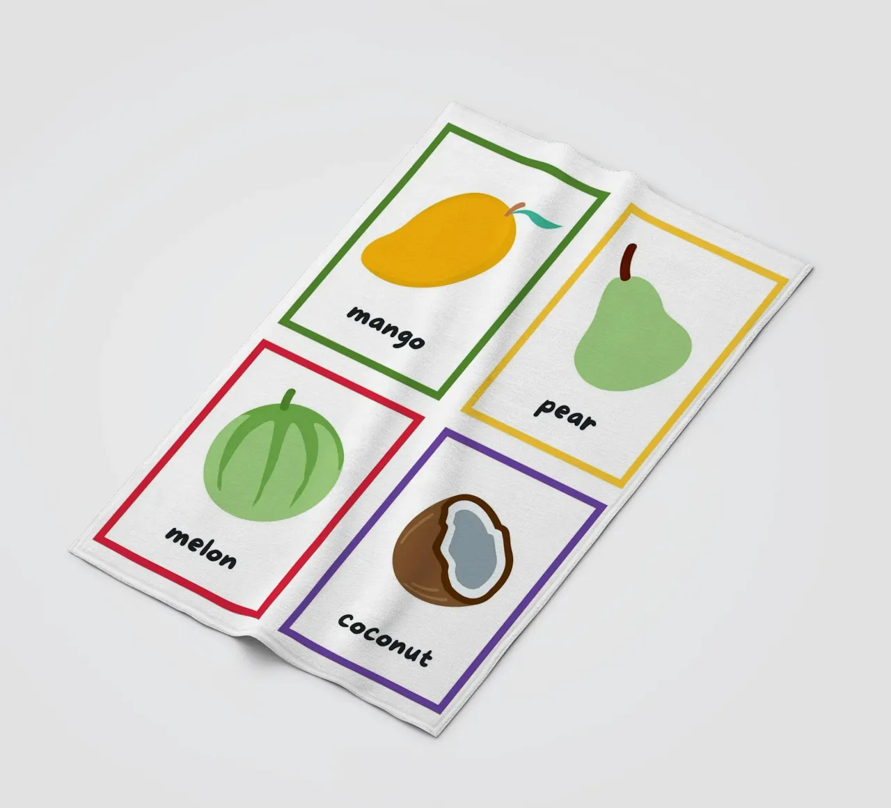 Flashcards sulla frutta_ Mango, pera, melone, noce di cocco coperta in pile da Sabine Klein