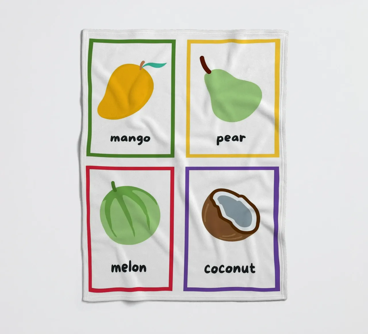 Flashcards sulla frutta_ Mango, pera, melone, noce di cocco coperta in pile da Sabine Klein