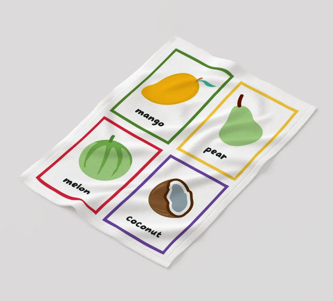 Flashcards sulla frutta_ Mango, pera, melone, noce di cocco coperta in pile da Sabine Klein