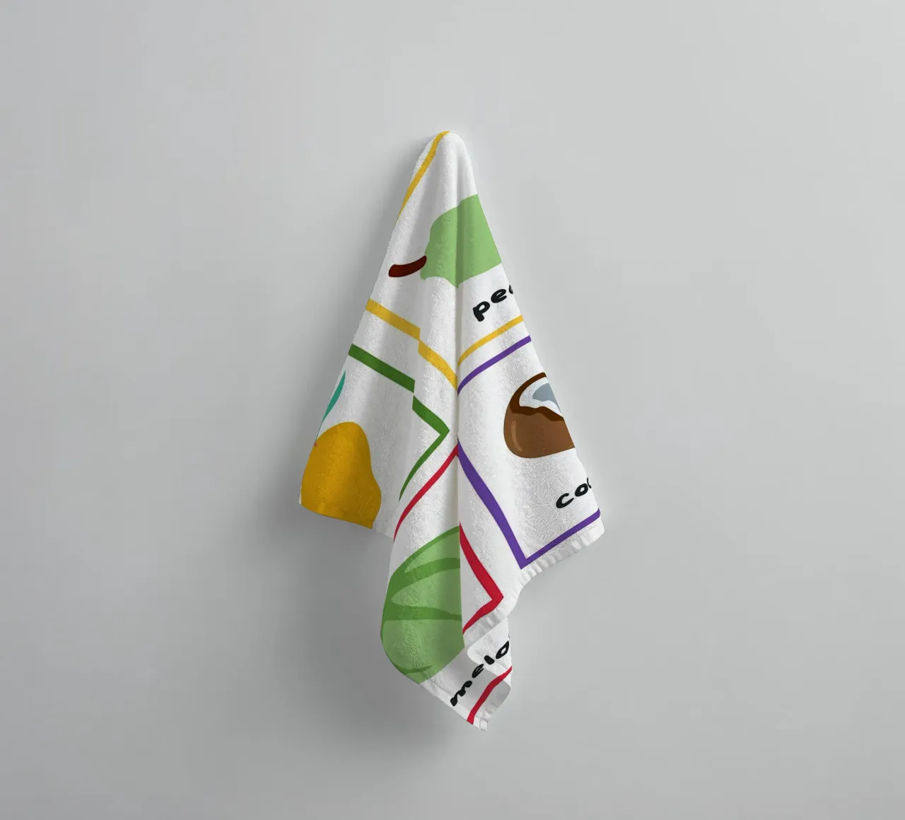 Flashcards sulla frutta_ Mango, pera, melone, noce di cocco asciugamano da bagno da Sabine Klein
