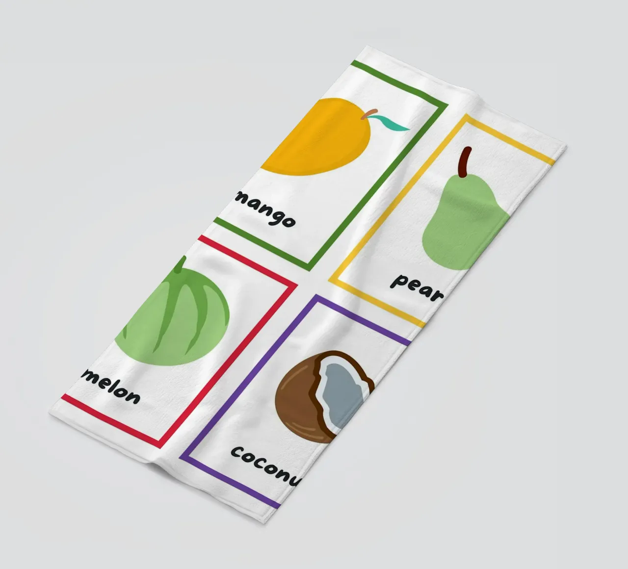 Flashcards sulla frutta_ Mango, pera, melone, noce di cocco telo mare da Sabine Klein