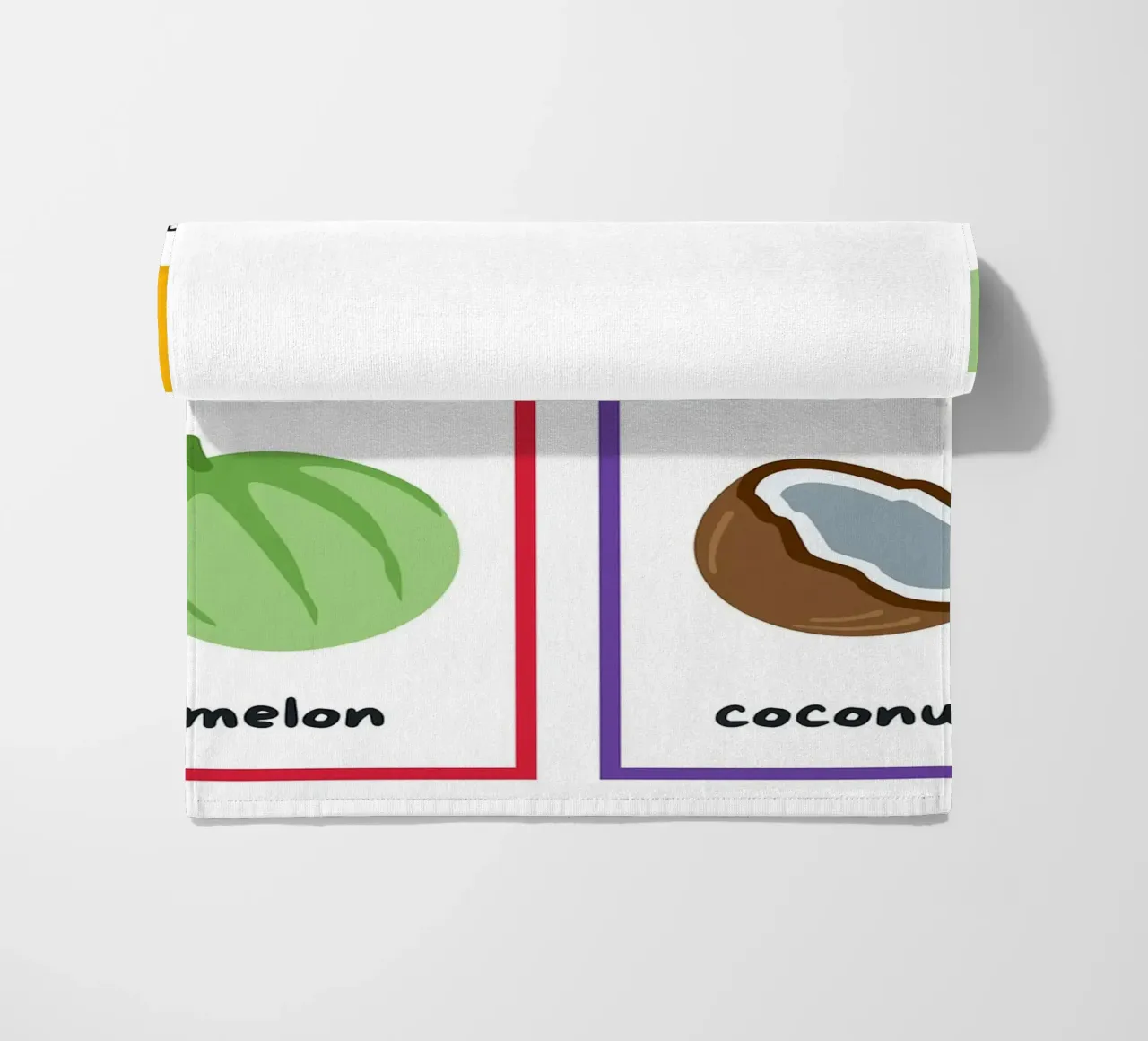 Flashcards sulla frutta_ Mango, pera, melone, noce di cocco telo mare da Sabine Klein