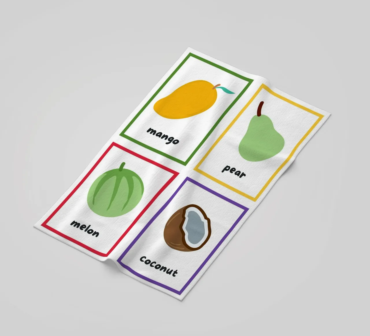 Flashcards sulla frutta_ Mango, pera, melone, noce di cocco telo mare da Sabine Klein