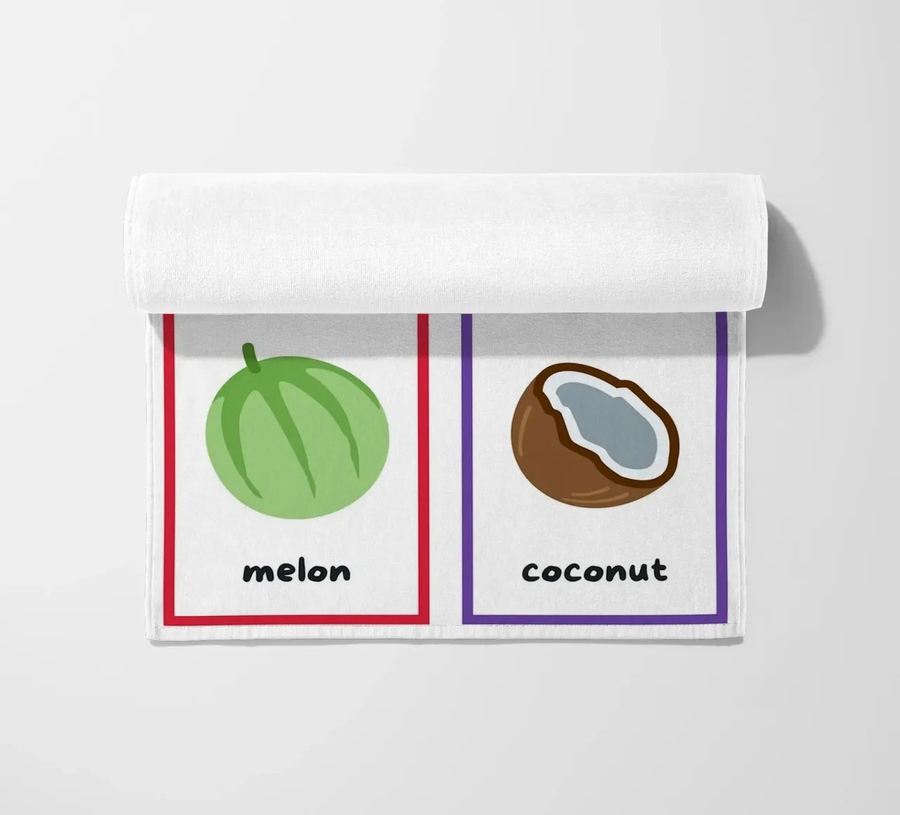 Flashcards sulla frutta_ Mango, pera, melone, noce di cocco telo mare da Sabine Klein
