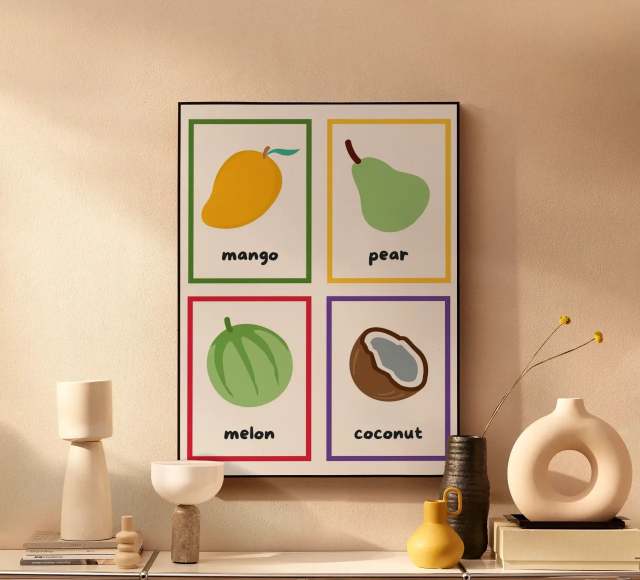 Flashcards sulla frutta_ Mango, pera, melone, noce di cocco plexiglass da Sabine Klein