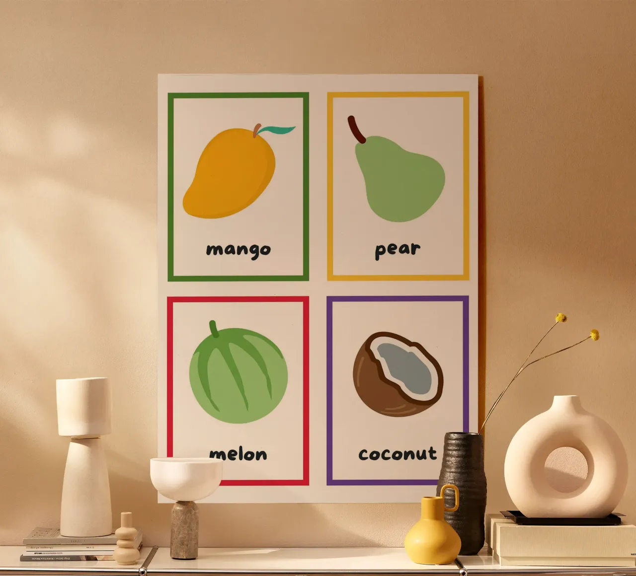 Flashcards sulla frutta_ Mango, pera, melone, noce di cocco plexiglass da Sabine Klein