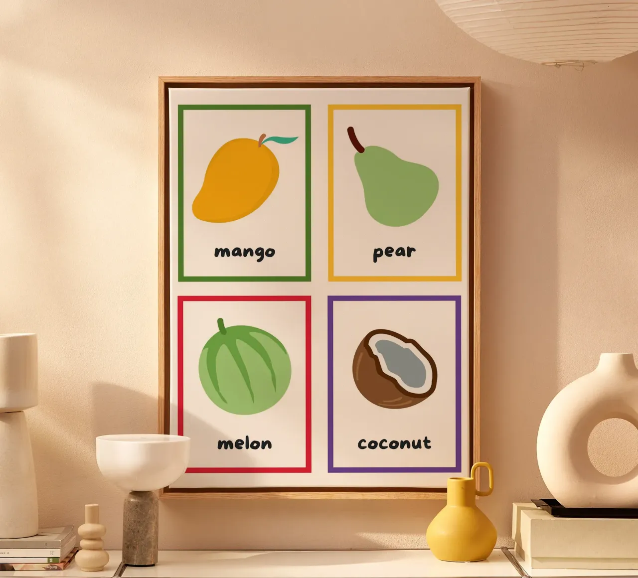 Obst Flashcards_ Mango, Birne, Melone, Kokosnuss Leinwand mit Schattenfugenrahmen von Sabine Klein