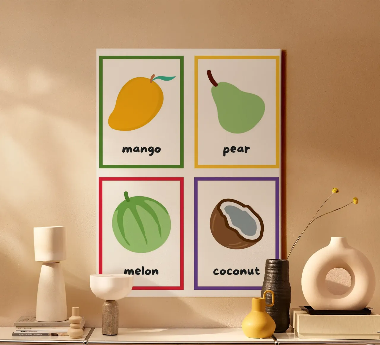 Obst Flashcards_ Mango, Birne, Melone, Kokosnuss Leinwand mit Schattenfugenrahmen von Sabine Klein