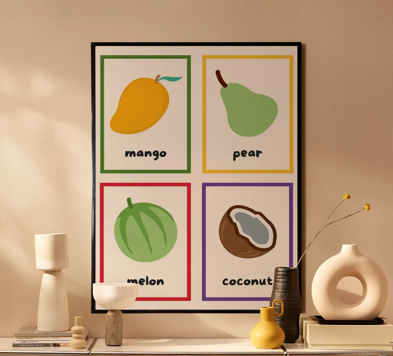 Flashcards sulla frutta_ Mango, pera, melone, noce di cocco poster con telaio in alluminio da Sabine Klein