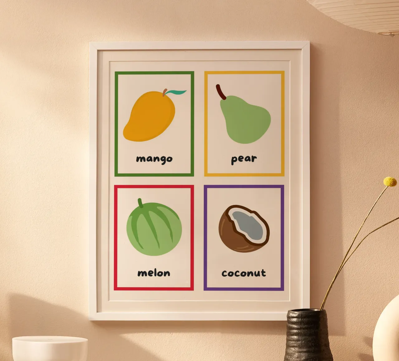 Flashcards sulla frutta_ Mango, pera, melone, noce di cocco poster con telaio in alluminio da Sabine Klein