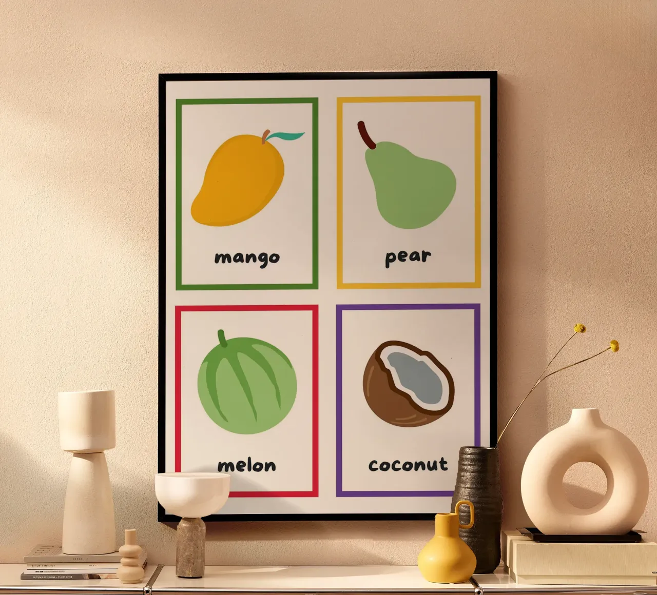 Flashcards sulla frutta_ Mango, pera, melone, noce di cocco poster con telaio in alluminio da Sabine Klein