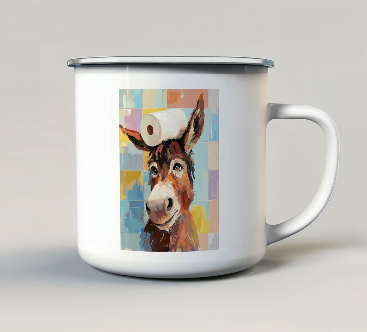 Asino con carta igienica in testa tazza in smalto da Sabine Klein