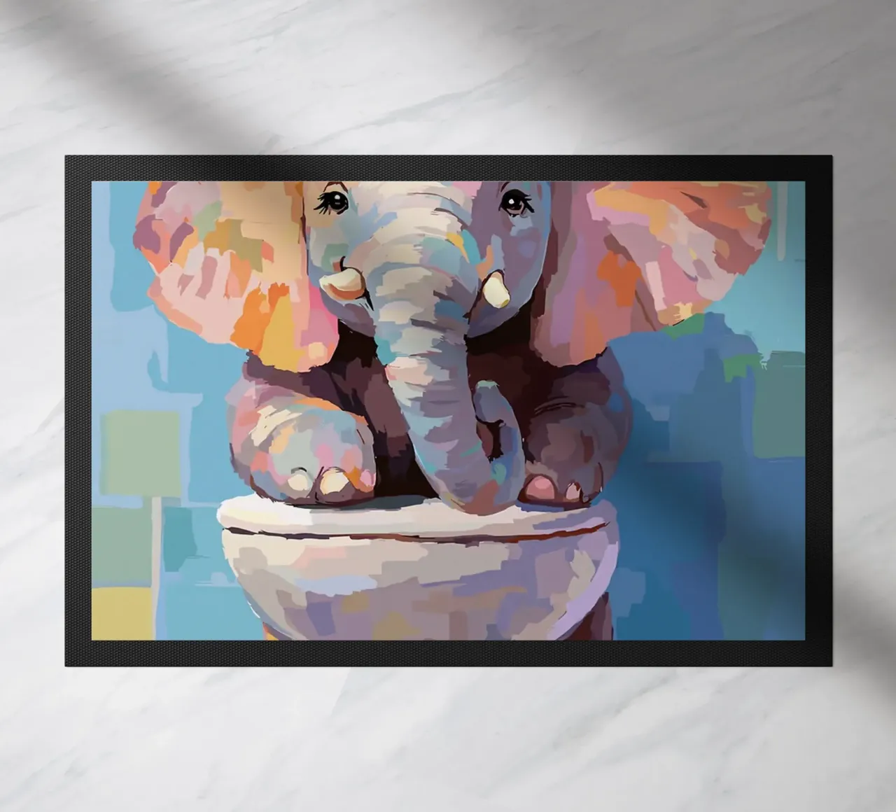 Elefante sul wc con carta igienica zerbino da Sabine Klein