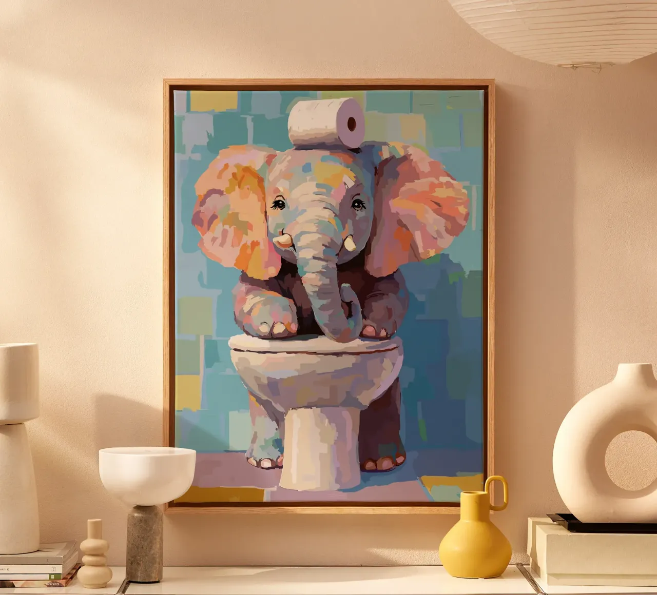 Elefante en el inodoro con papel higiénico lienzo con Marco flotante de Sabine Klein
