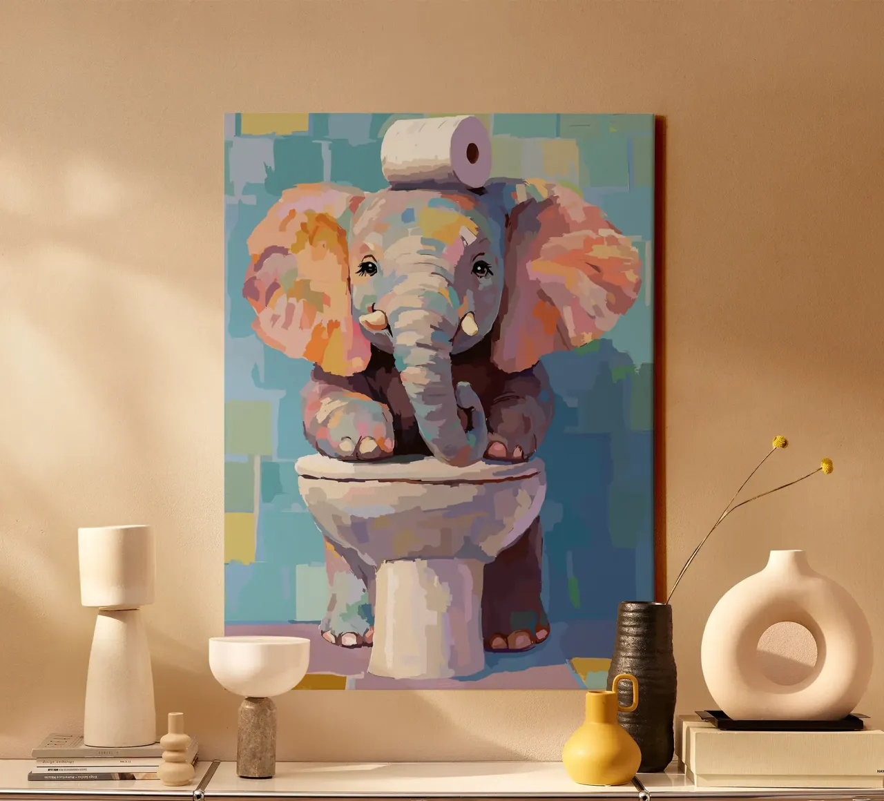 Elefante en el inodoro con papel higiénico lienzo con Marco flotante de Sabine Klein