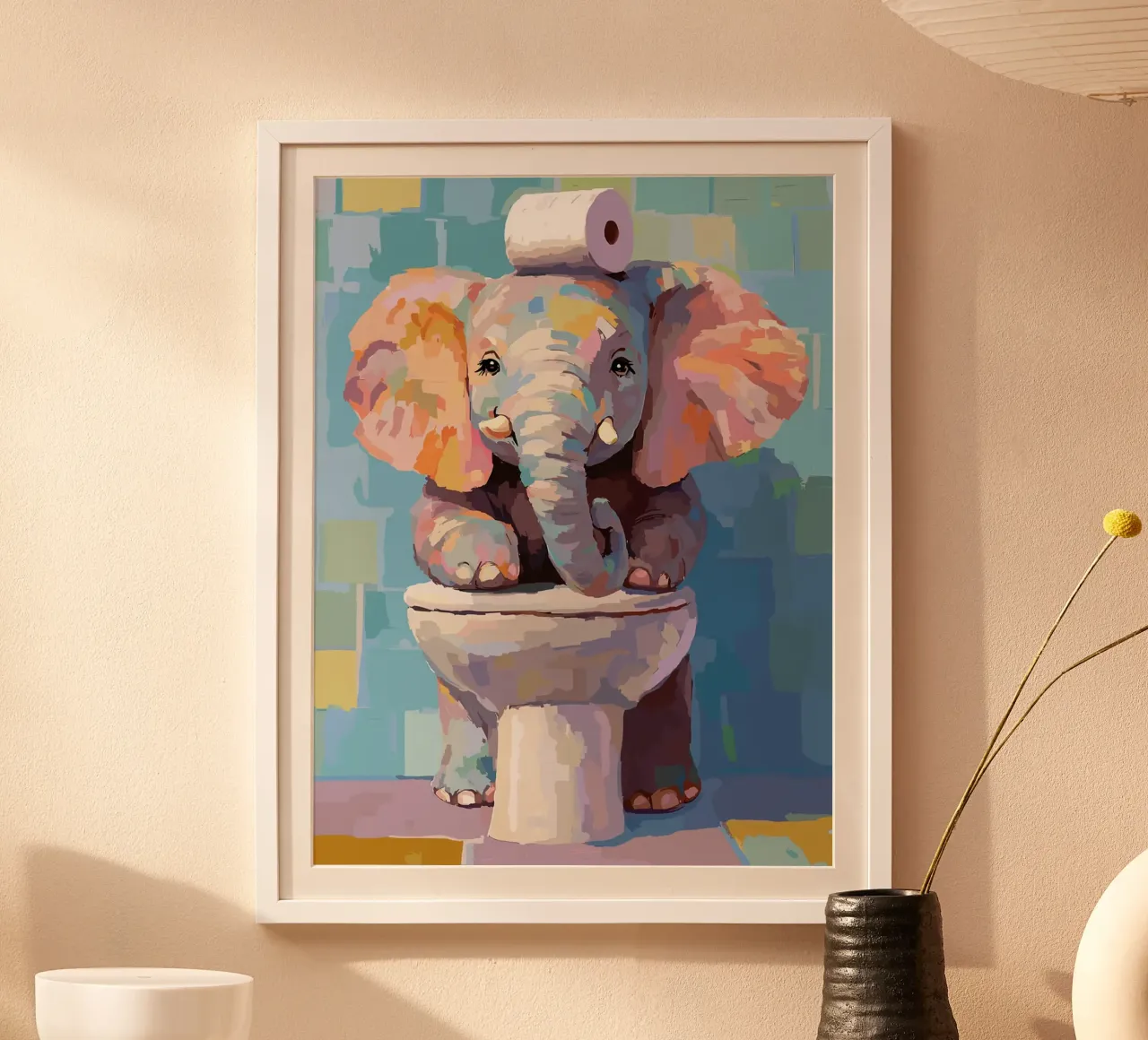 Elefante sul wc con carta igienica poster con telaio in plastica da Sabine Klein