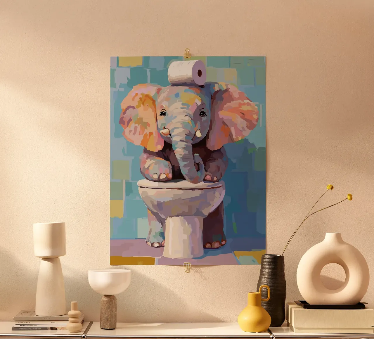 Elefante sul wc con carta igienica poster con telaio in plastica da Sabine Klein
