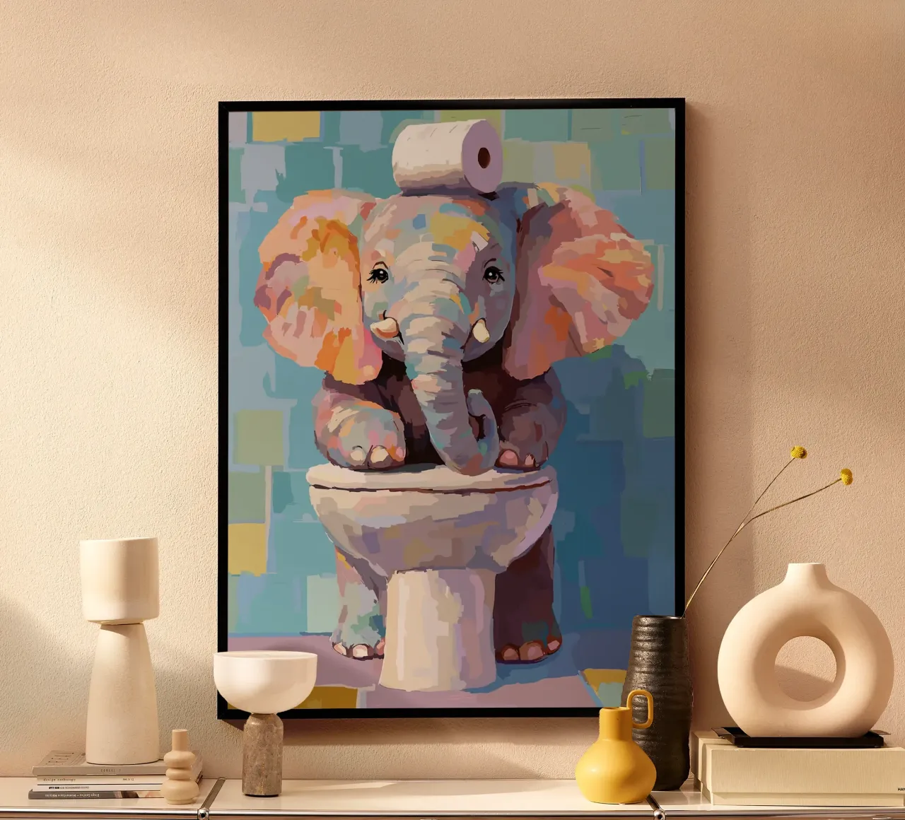 Elefante sul wc con carta igienica poster con telaio in plastica da Sabine Klein