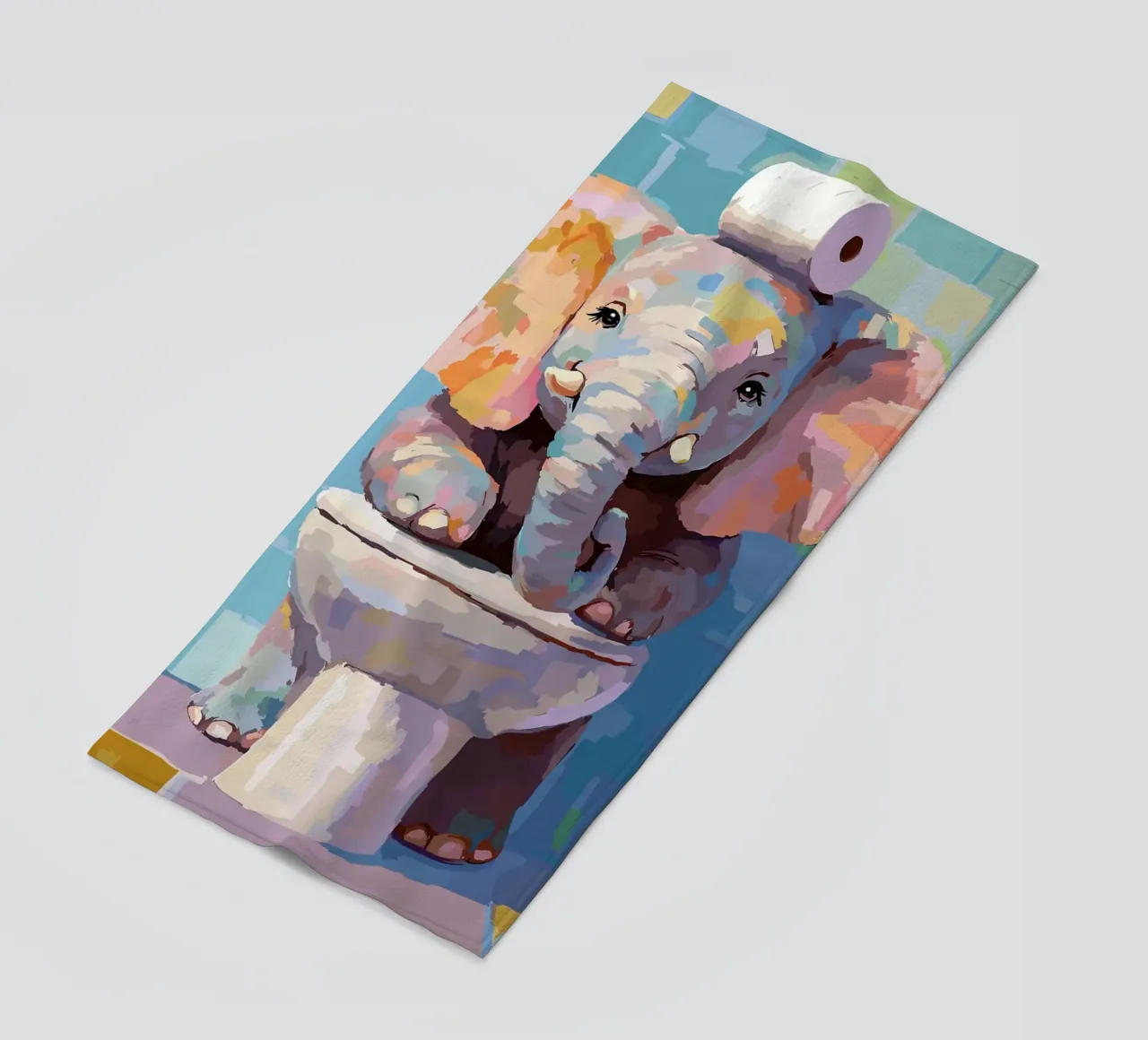 Elefante sul wc con carta igienica telo mare da Sabine Klein