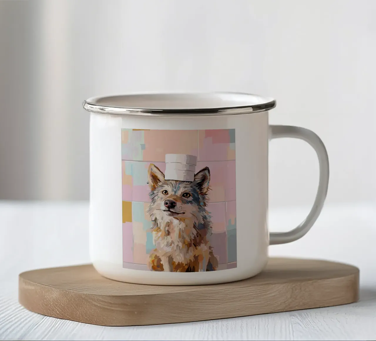 Hond met wc-hoed emaille mok van Sabine Klein