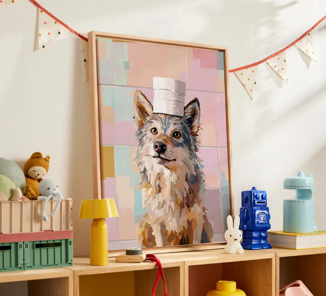 Hond met wc-hoed canvas met Baklijst van Sabine Klein