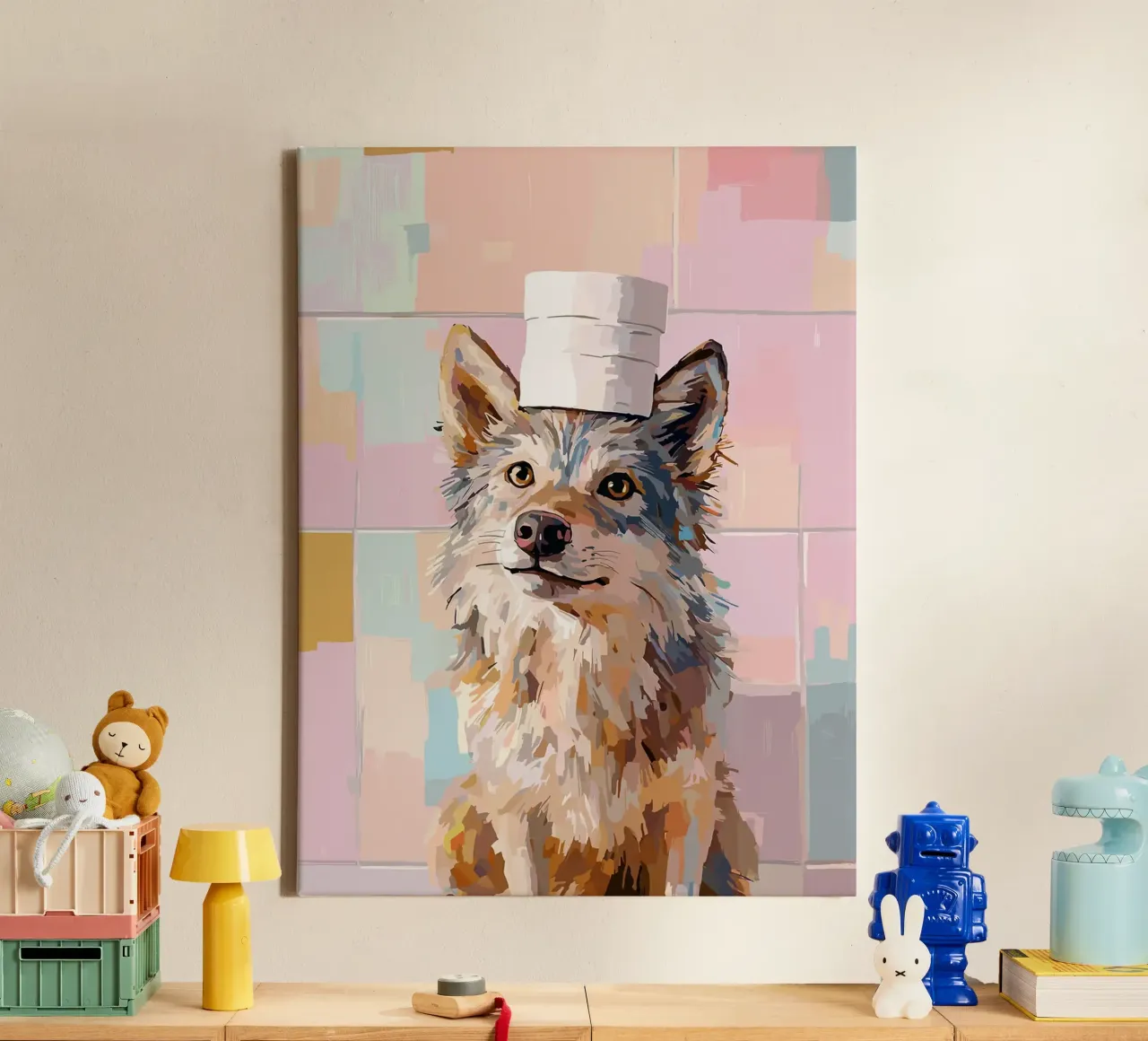 Hond met wc-hoed canvas met Baklijst van Sabine Klein