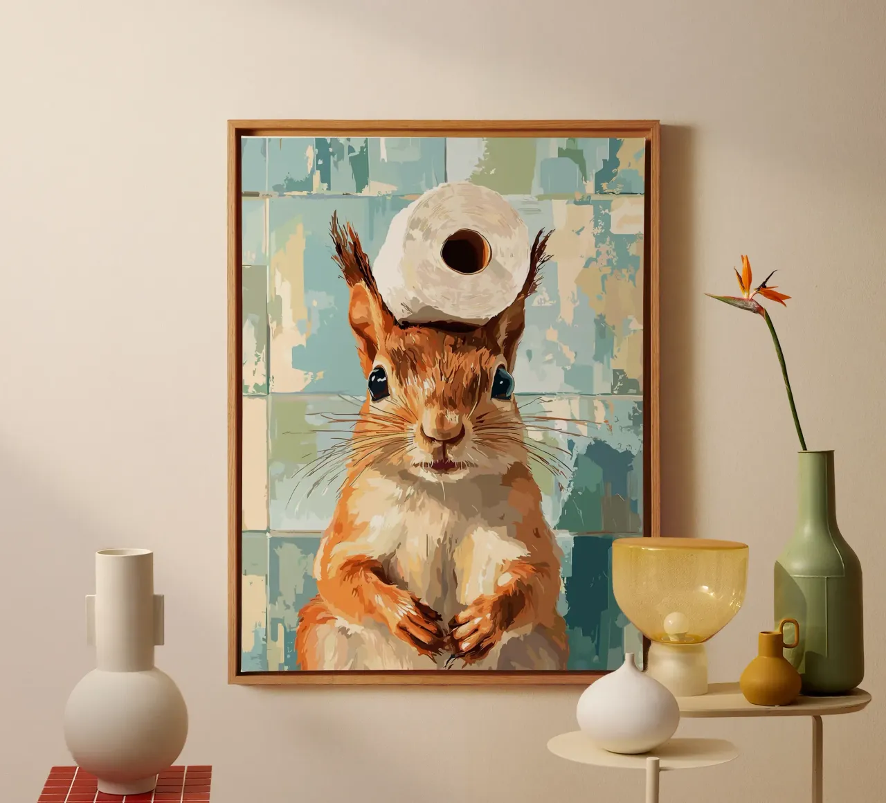 Eekhoorn met wc-hoed canvas met Baklijst van Sabine Klein