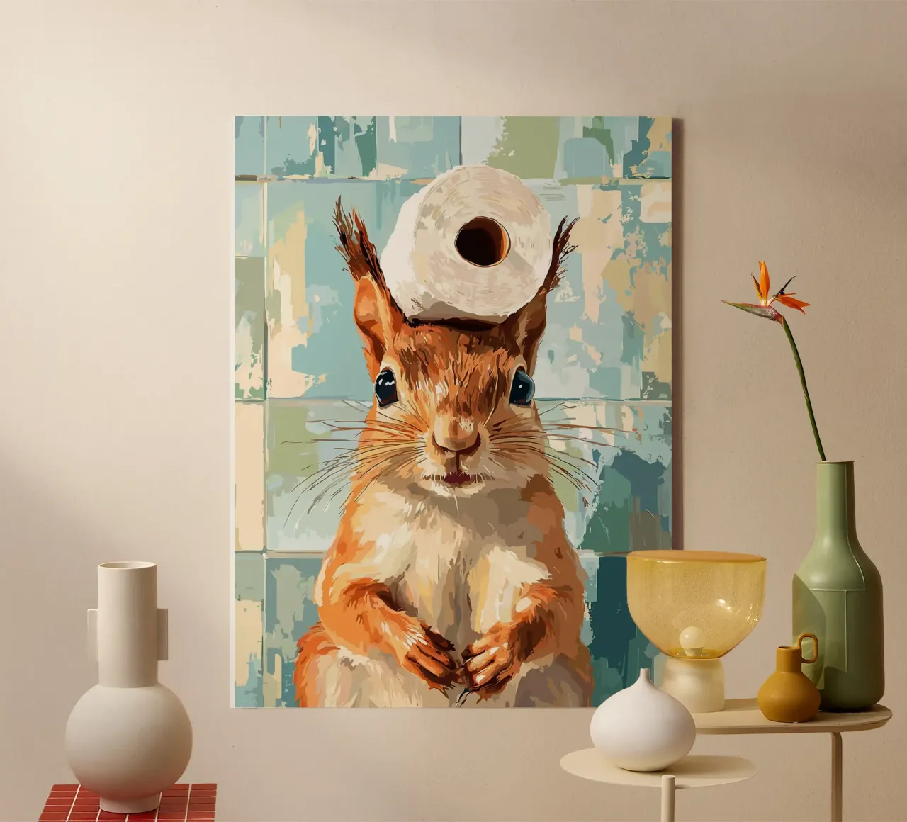 Eekhoorn met wc-hoed canvas met Baklijst van Sabine Klein