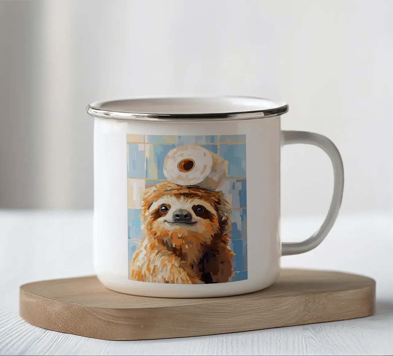 Bradipo con carta igienica in testa tazza in smalto da Sabine Klein