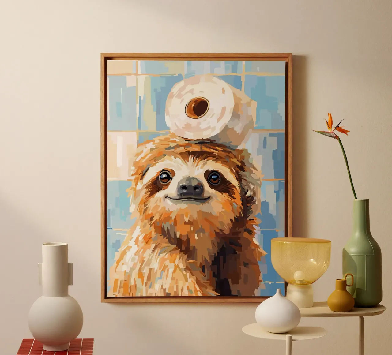 Sloth with Toilet Paper on Head canvas with Floater frame by Sabine Klein