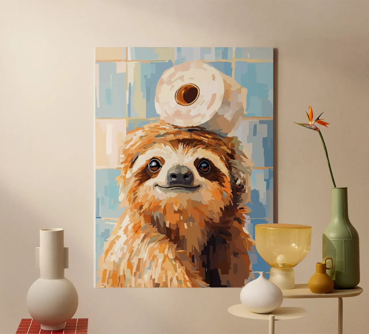 Sloth with Toilet Paper on Head canvas with Floater frame by Sabine Klein