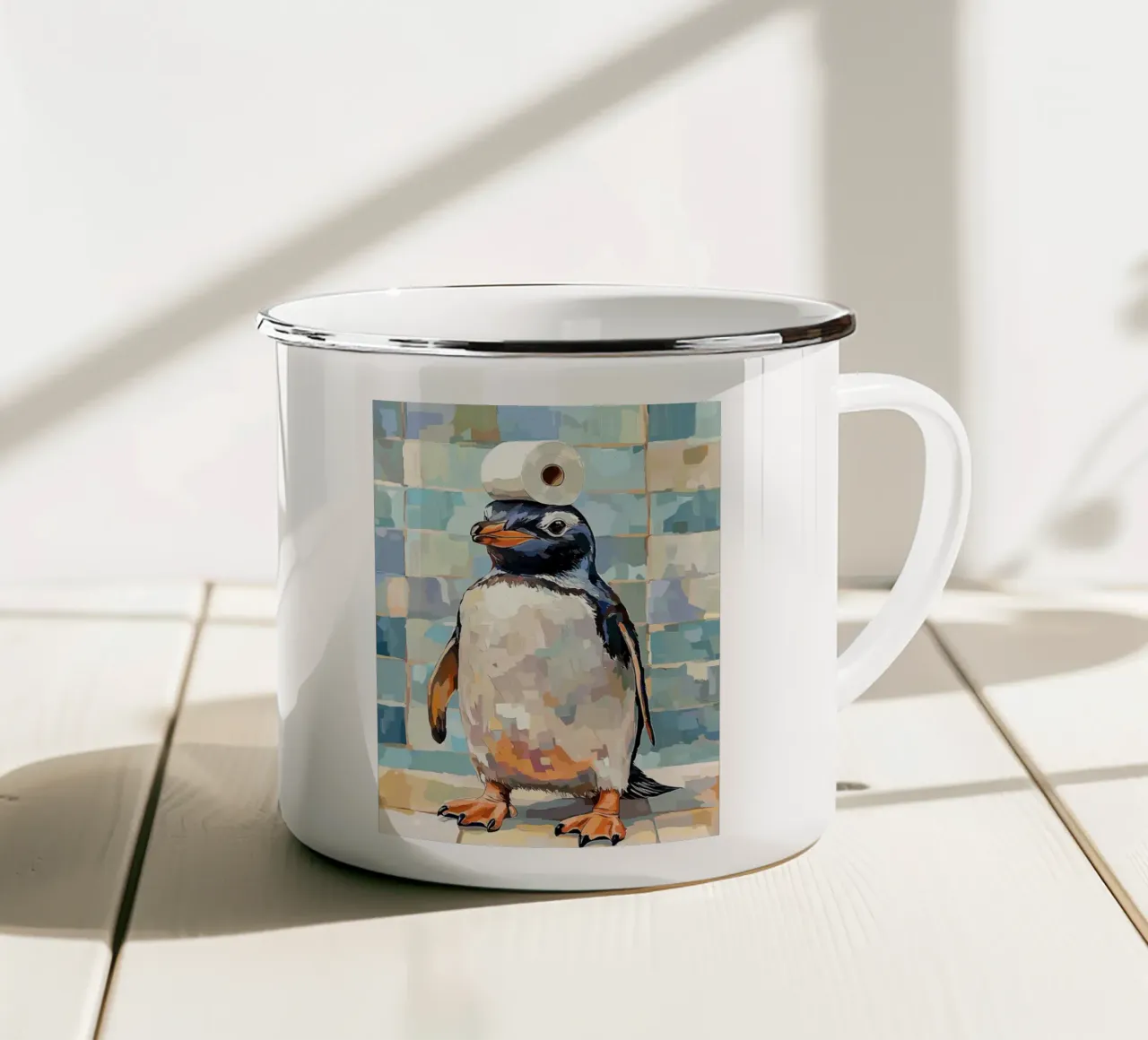 Pinguino con carta igienica sulla testa tazza in smalto da Sabine Klein