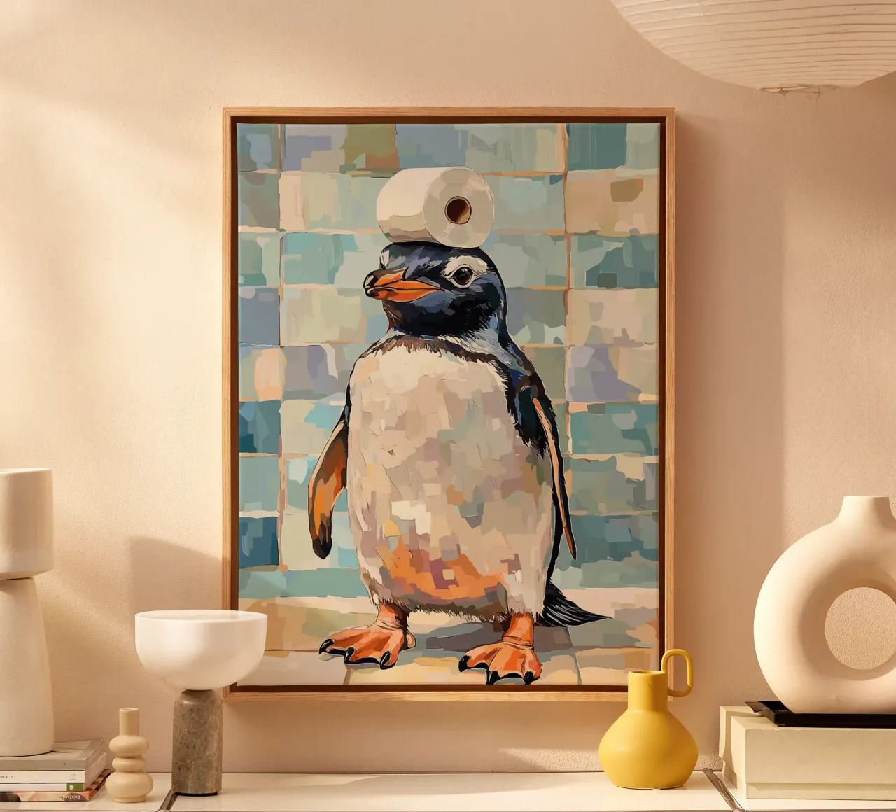 Penguin with Toilet Paper on Head canvas with Floater frame by Sabine Klein