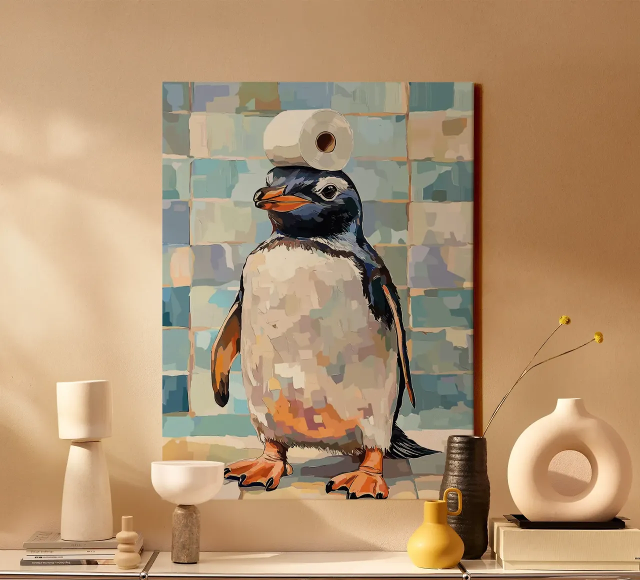 Penguin with Toilet Paper on Head canvas with Floater frame by Sabine Klein