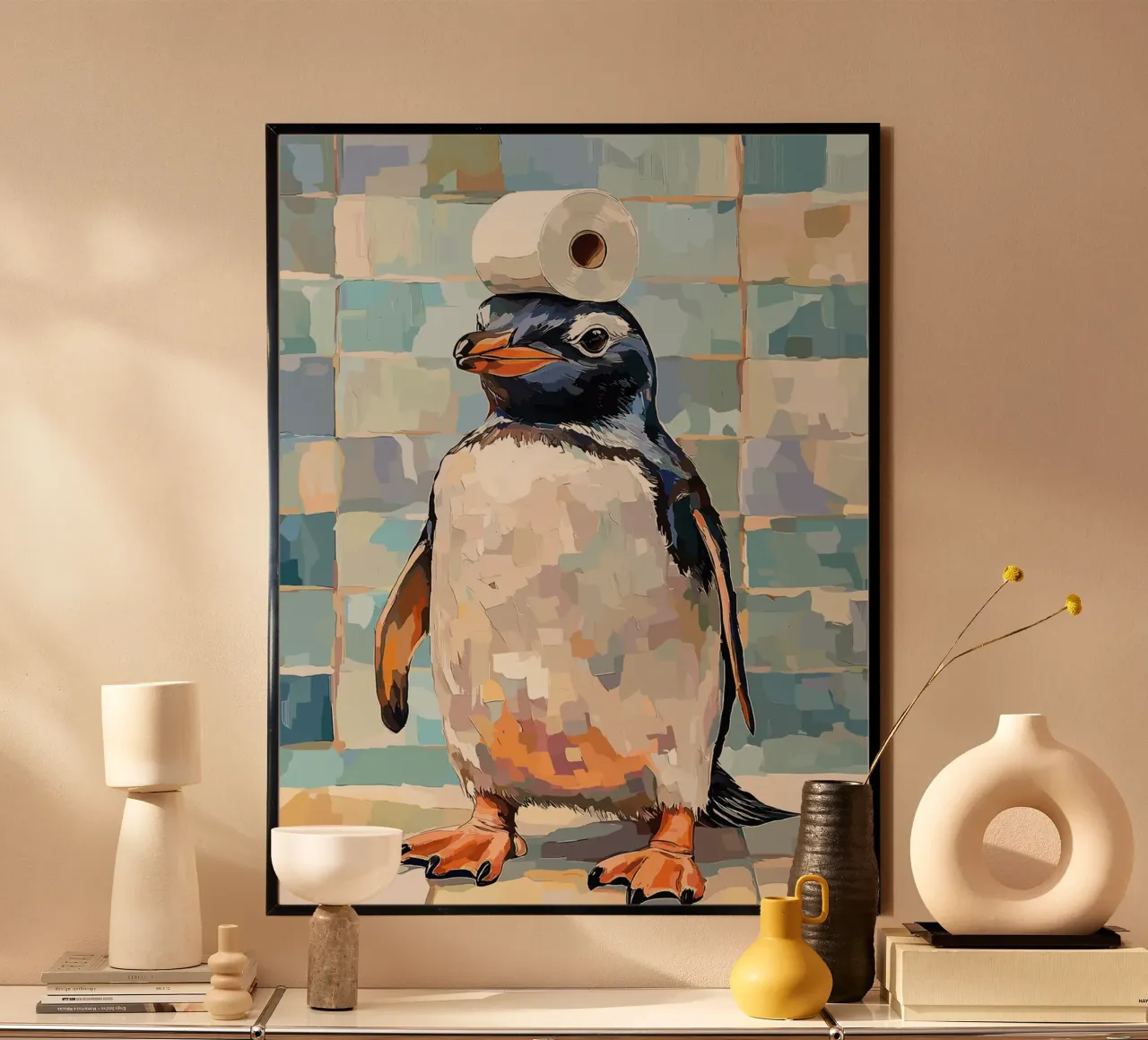 Pinguino con carta igienica sulla testa poster con telaio in alluminio da Sabine Klein